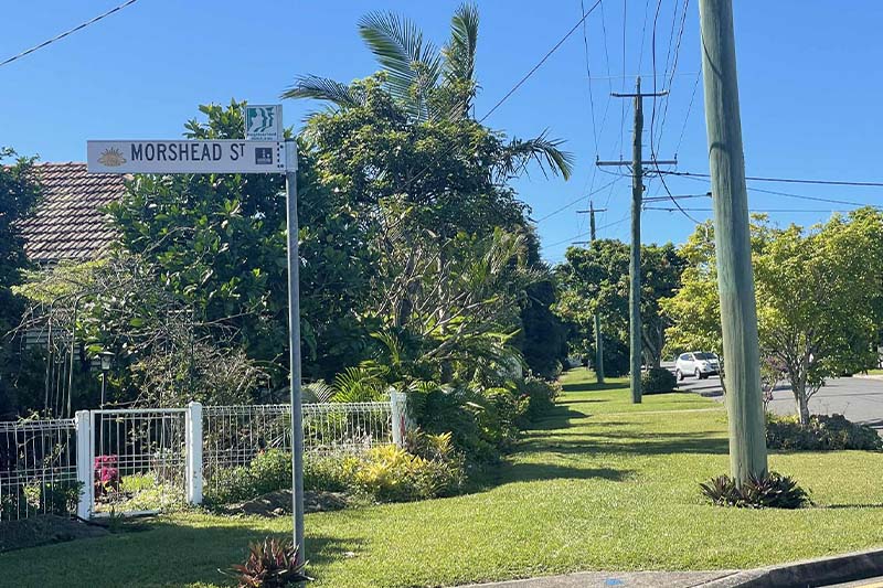 Morshead Street sign in Brisbane, named in honour of Lieutenant General Sir Leslie Morshead.