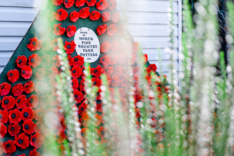 Ceramic poppy installation created for a community remembrance display.