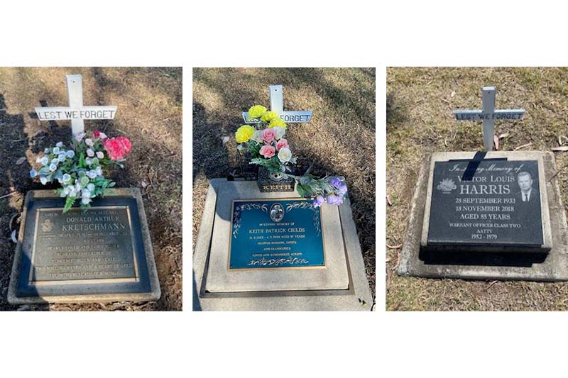 Memorial plaques and graves honouring former Australian service personnel at Pittsworth Cemetery.